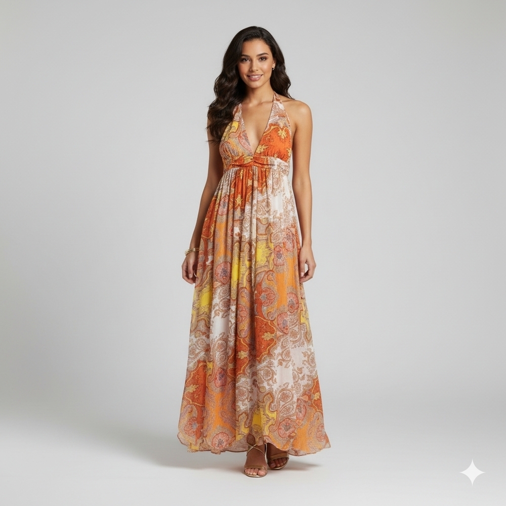 Halter Maxi Dress in Orange Paisley Print